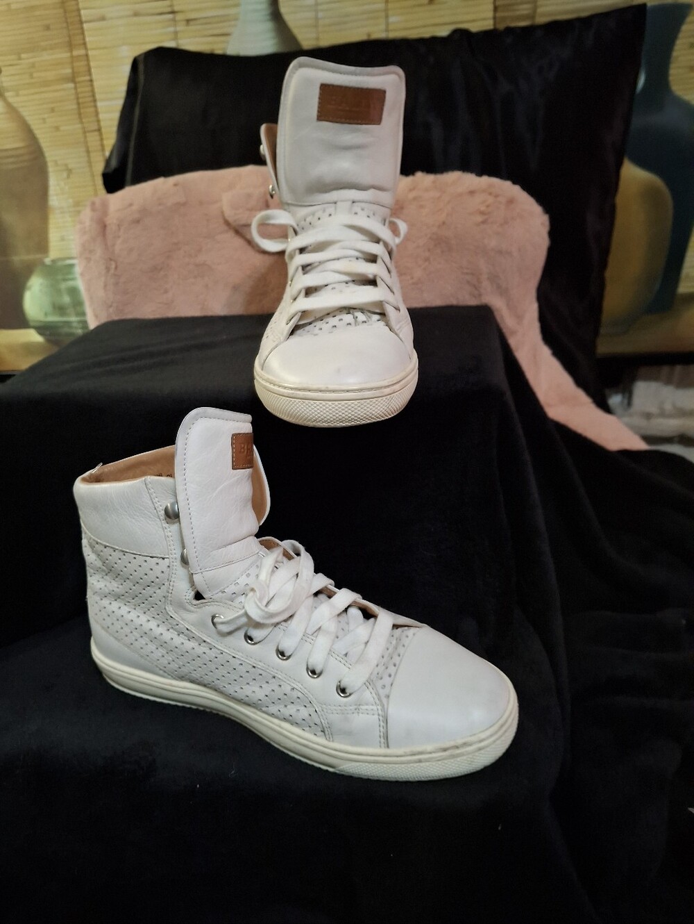 Bally White Leather High-Top Sneakers with Tan Patch